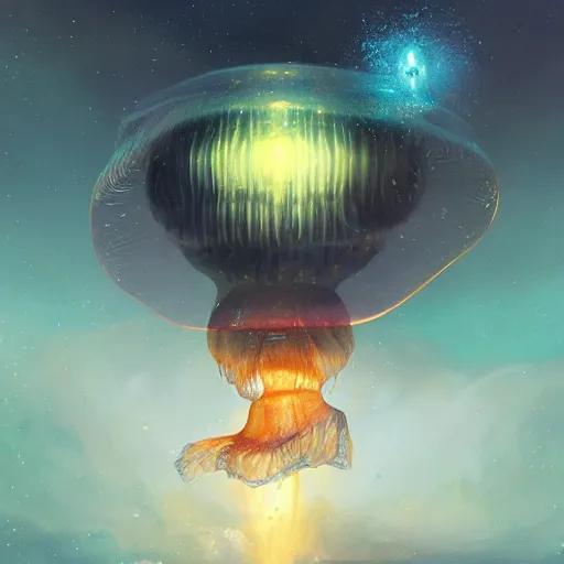 Prompt: a hyperrealistic illustration of a jellyfish in space, visible inside is a city with lights, award-winning, masterpiece, in the style of Tom Bagshaw, Cedric Peyravernay, Peter Mohrbacher