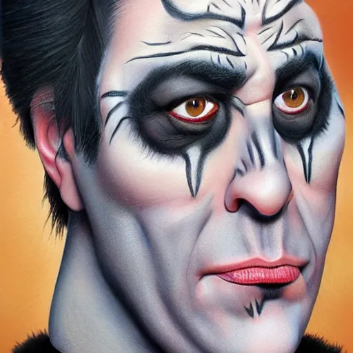 Image similar to Caricature portraits done of KISS band members in makeup, realistic, hyperrealistic, very realistic, highly detailed, very detailed, extremely detailed, detailed, oil painting, digital art, trending on artstation