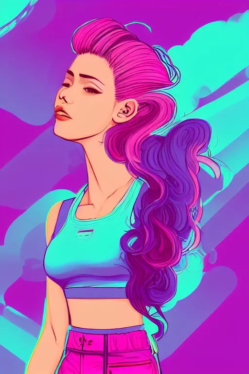 Image similar to a award winning half body porttrait of a beautiful woman in a croptop and cargo pants with ombre purple pink teal hairstyle with head in motion and hair flying, outrun, vaporware, shaded flat illustration, digital art, trending on artstation, highly detailed, fine detail, intricate