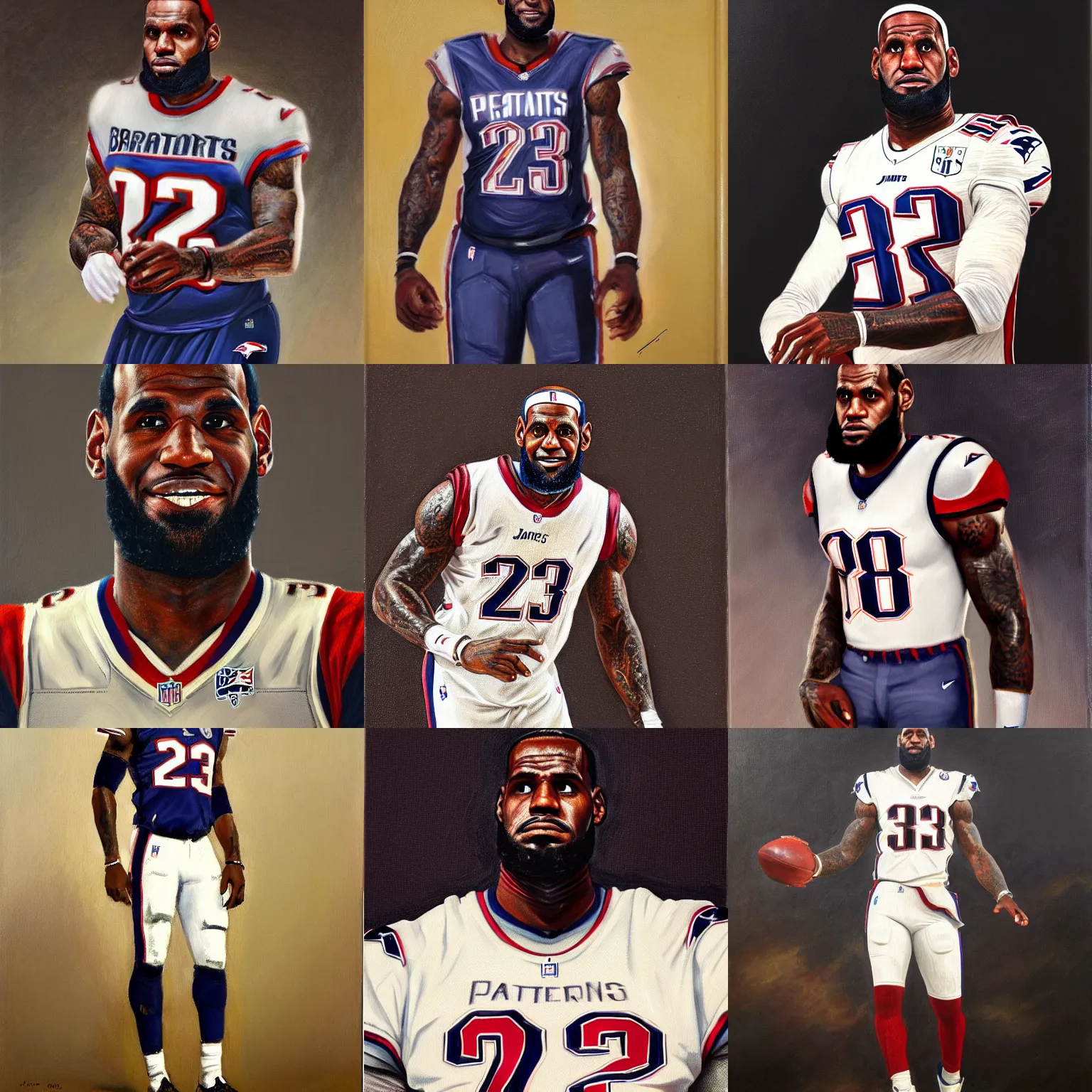 Prompt: portrait of lebron james in a new england patriots uniform, oil on canvas by william sidney mount, 1 8 7 7, trending on artstation