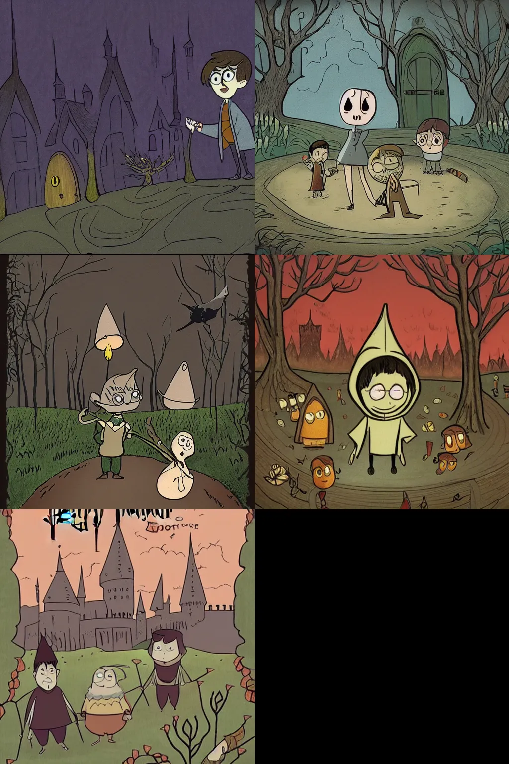 Prompt: Harry Potter in the Over the Garden Wall by Patrick McHale, animation