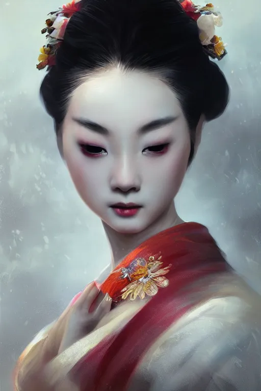 Prompt: geisha prima ballerina, gorgeous, ethereal, close - up portrait, intricate, elegant, volumetric lighting, scenery, digital painting, highly detailed, tutu, artstation, sharp focus, illustration, concept art, ruan jia, steve mccurry