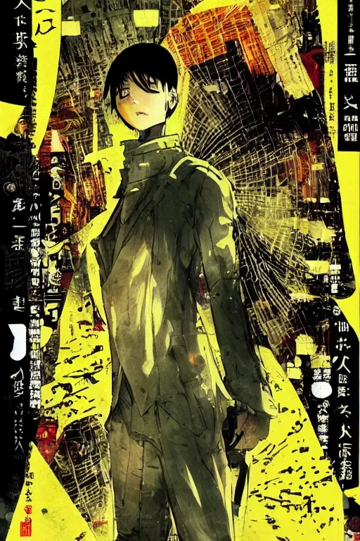 Prompt: professionally drawn seinen mature cyberpunk detective horror action manga comic cover, full color, beautifully drawn coherent professional, drawn by ilya kuvshinov, satoshi kon, kentaro miura, dave mckean, tsutomu nihei. japanese script kanji hiragana on the cover. simple minimalist stylized cover art. yellow green cel shaded