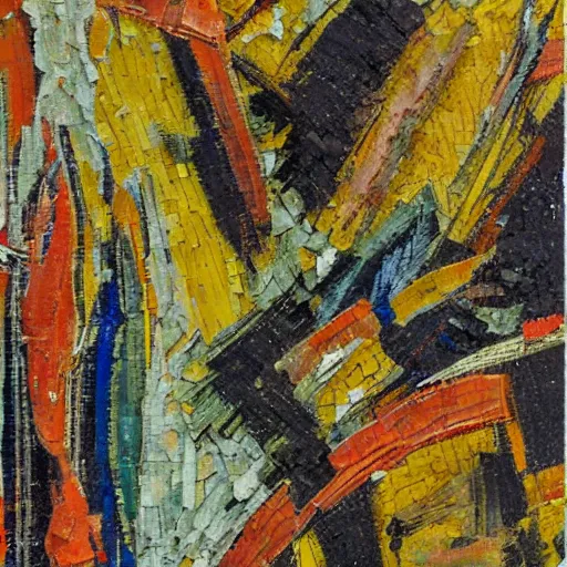 Image similar to oil paint impasto relief, abstract mosaic, multi layered thick brush marks, some splattered paint, in the style of ivan shishkin and frank auerbach and van gogh