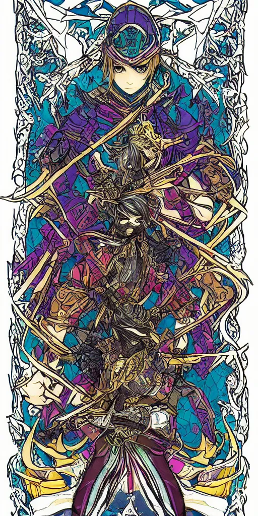 Prompt: a ninja from final fantasy 14, intricate, amazing line work, cosmic, psychedelic, cheerful, colorful, tarot cards,