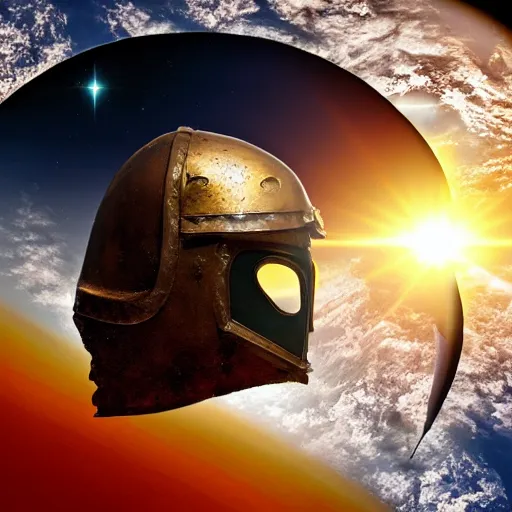 Image similar to a roman helmet flying in space with the earth in the background, sun flare.