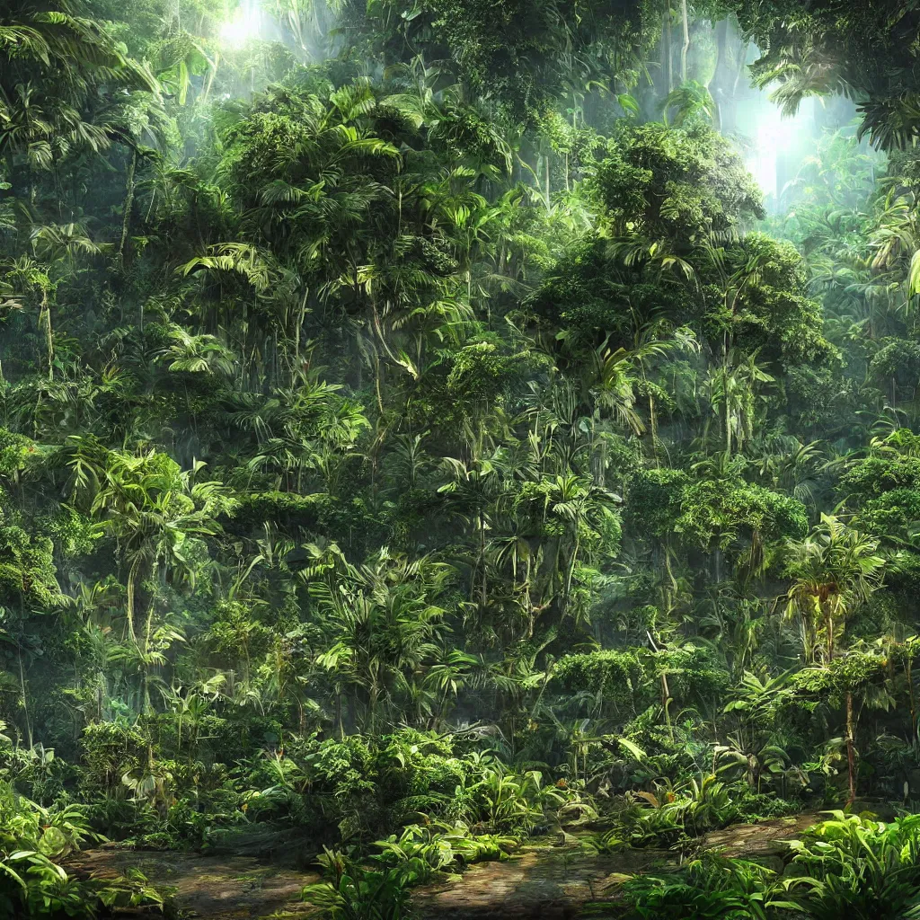 Image similar to Epic artwork of a luxurious jungle with a quantum computer in the middle of it, backlit photorealistic render, cycles render