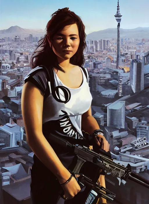 Prompt: portrait of an young beautiful handsome elegant new zealander socialist guerrilla girl, with auckland city on background, dawn, high contrast, sharp, painted by stanley lau, painted by greg rutkowski, painted by stanley artgem, digital art, tredning on arstation, trending on artstation