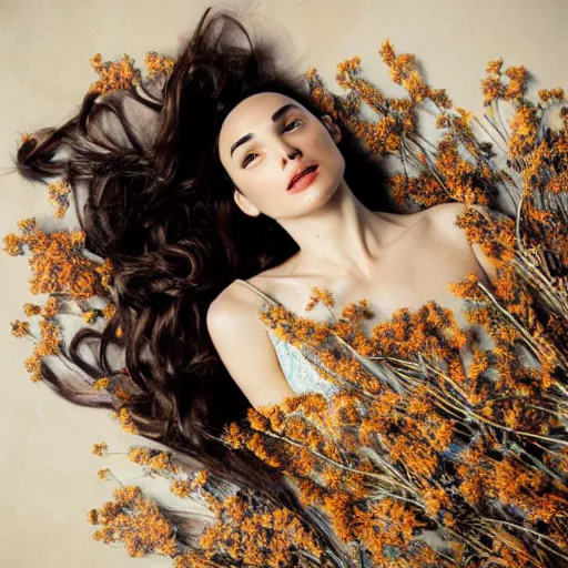 Image similar to fine art photo of the beauty gal gadot, she is lying down and covered by dried flowers, taken by oleg oprisco