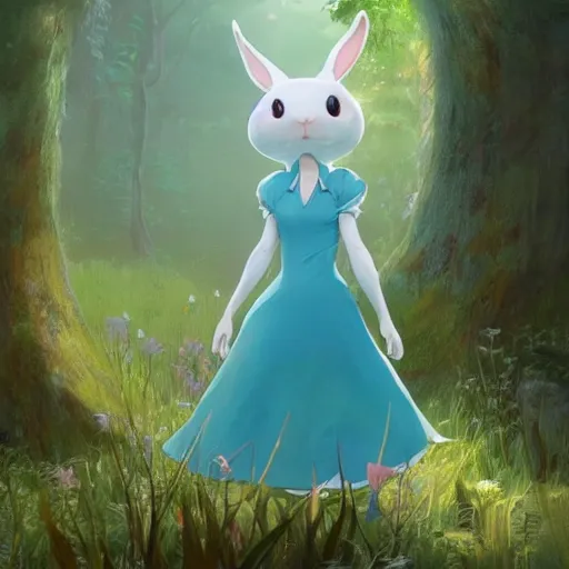 Image similar to concept art painting of an anthropomorphic white rabbit wearing a turquoise dress, in the deep forest, realistic, detailed, cel shaded, in the style of makoto shinkai and greg rutkowski and james gurney