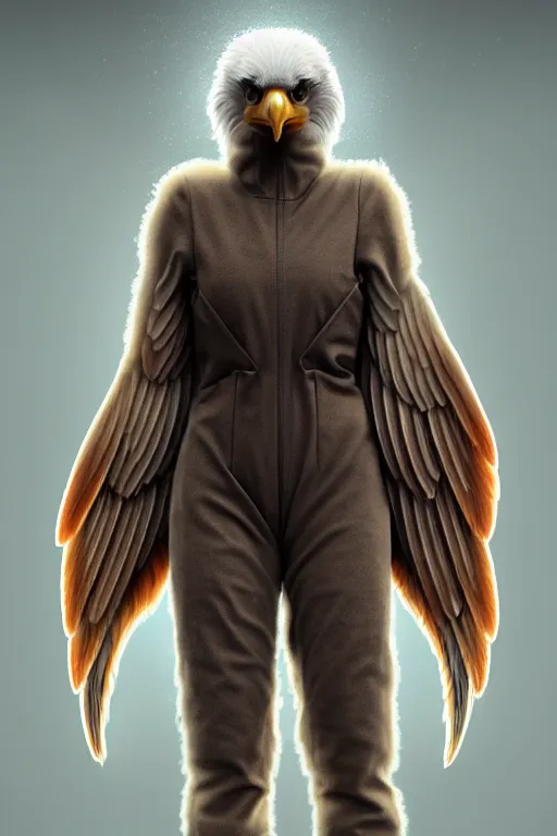 Prompt: epic professional digital art of a human - eagle hybrid animal wearing human flight jumpsuit, air force jumpsuit, humanoid feathered head, eagle beak, human hands, by lisa roet, sam leach, leesha hannigan, wayne haag, artstation, cgsocietywlop, epic, much wow, much detail