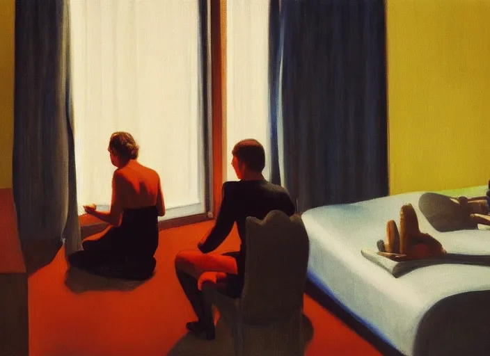 Prompt: two people in a hotel room in afternoon light, oil painting by edward hopper