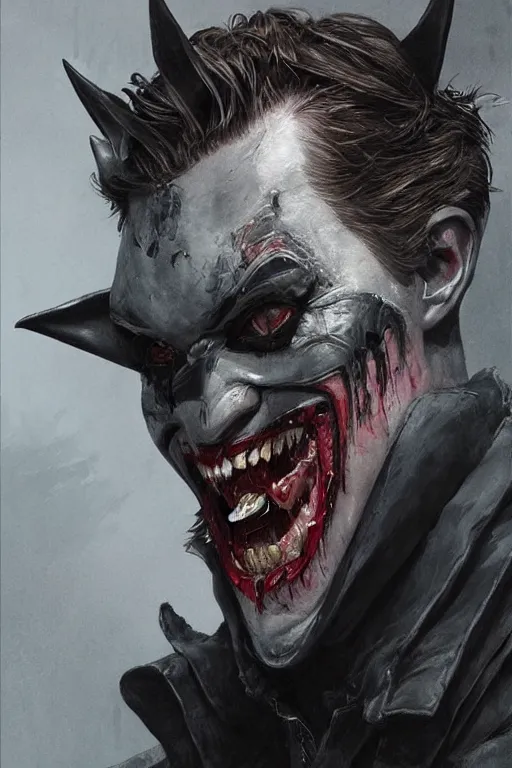 Image similar to Portrait of Robert Pattinson as The Batman Who Laughs, dc comics, dark, intricate, highly detailed, smooth, artstation, digital illustration by Ruan Jia and Mandy Jurgens and Artgerm and Wayne Barlowe and Greg Rutkowski and Zdislav Beksinski