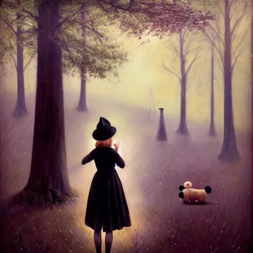 Image similar to a girl standing in a park, alone, wearing black dress and hat, holding teddy bear, detailed hands, by andrea kowch, dark, scene, magic realism