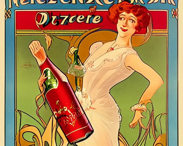 Image similar to art nouveau tin poster, dancer, melchizedek champagne bottle. cheerful, bright