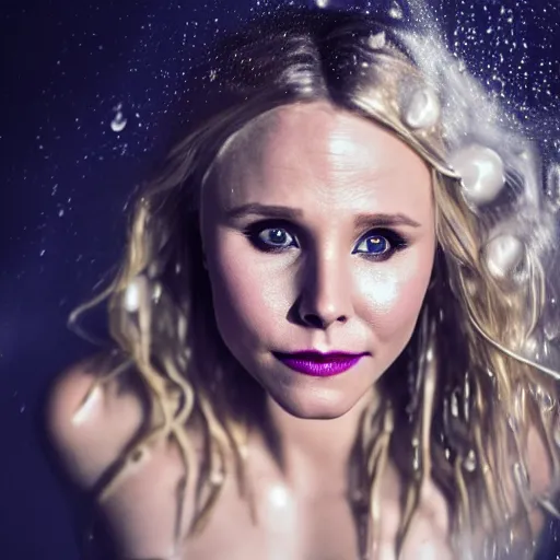 Prompt: Kristen Bell as a mermaid, grungy, unkept hair, glowing eyes, modelsociety, wet from rain, radiant skin, huge anime eyes, RTX on, bright on black, dramatic, studio lighting, perfect face, intricate, Sony a7R IV, symmetric balance, polarizing filter, Photolab, Lightroom, 4K, Dolby Vision, Photography Award