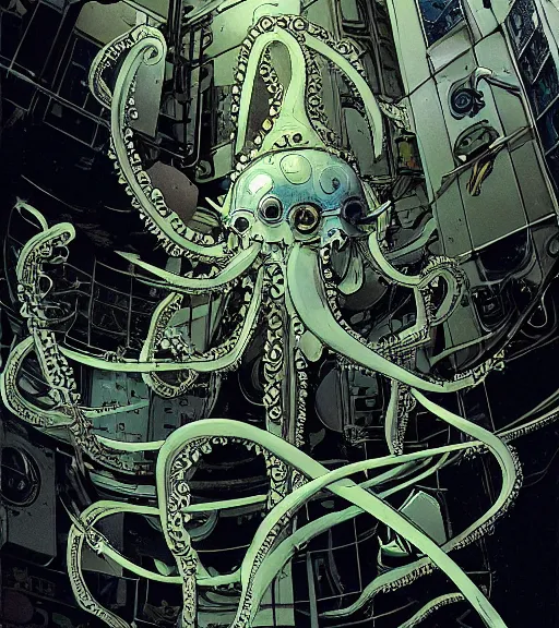 Image similar to a cybernetic realistic octopus in a space station, techwear, Industrial Scifi, detailed illustration, character portrait, by Ashley Wood and Moebius