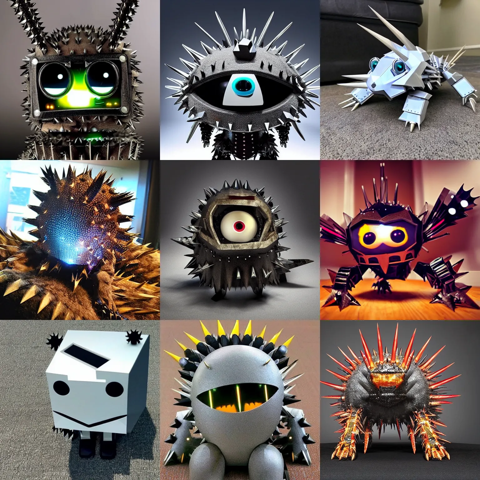 Prompt: <picture quality=hd+ mode='attention grabbing'>an adorable but spiky and sharp robot wants you to pet it</picture>