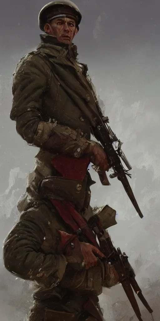 Image similar to character portrait of a wolrd war ii soviet soldier in a thematic landscape in the style of greg rutkowski, darek zabrocki, marcin rubinkowski, lorenzo lanfranconi, oleg zherebin, karlkka, trending on artstation