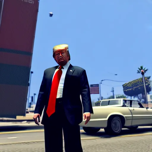 Image similar to donald trump in gta v, ps 5 screenshot, isometric view, third person gameplay, boss battle, 3 d render, cryengine, highly detailed