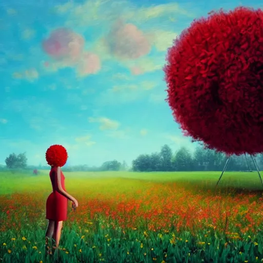 Image similar to giant red flower afro, full body, girl frontal in the middle of a field with flowers, surreal photography, hills, sunrise dramatic light, impressionist painting, colorful clouds, digital painting, pointillism, artstation, simon stalenhag