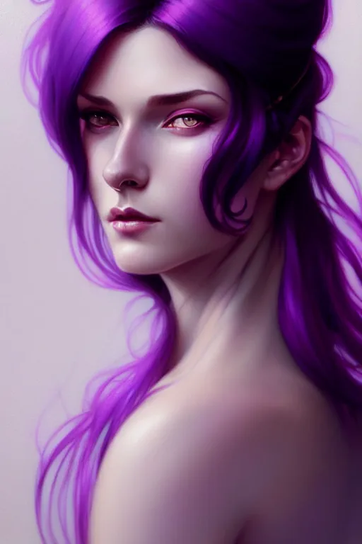 Image similar to Purple hair, creative colouring Portrait of woman, fashion, intricate, elegant, highly detailed, digital painting, artstation, concept art, smooth, sharp focus, illustration, art by artgerm and greg rutkowski and alphonse mucha