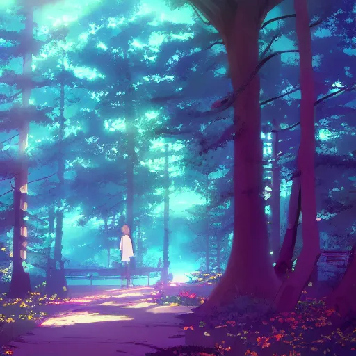 Image similar to Makoto Shinkai style, magic forest, lofi