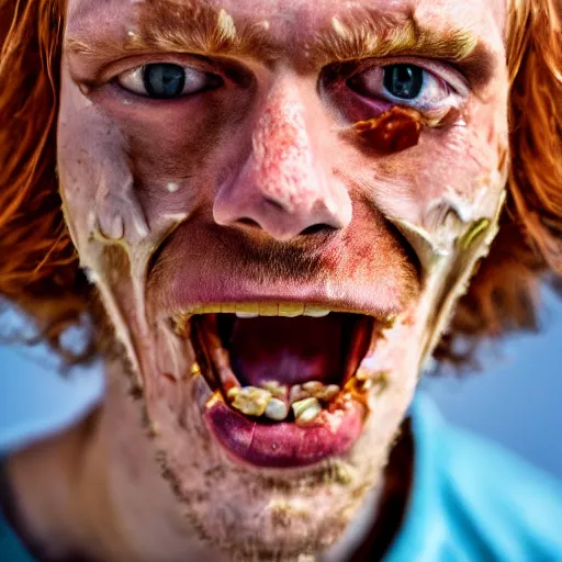 Image similar to photo of a skinny tall ginger men with rotten stained big yellow teeth, ugly appearance, acne and staining all over his face, 8 5 mm, f / 1. 3
