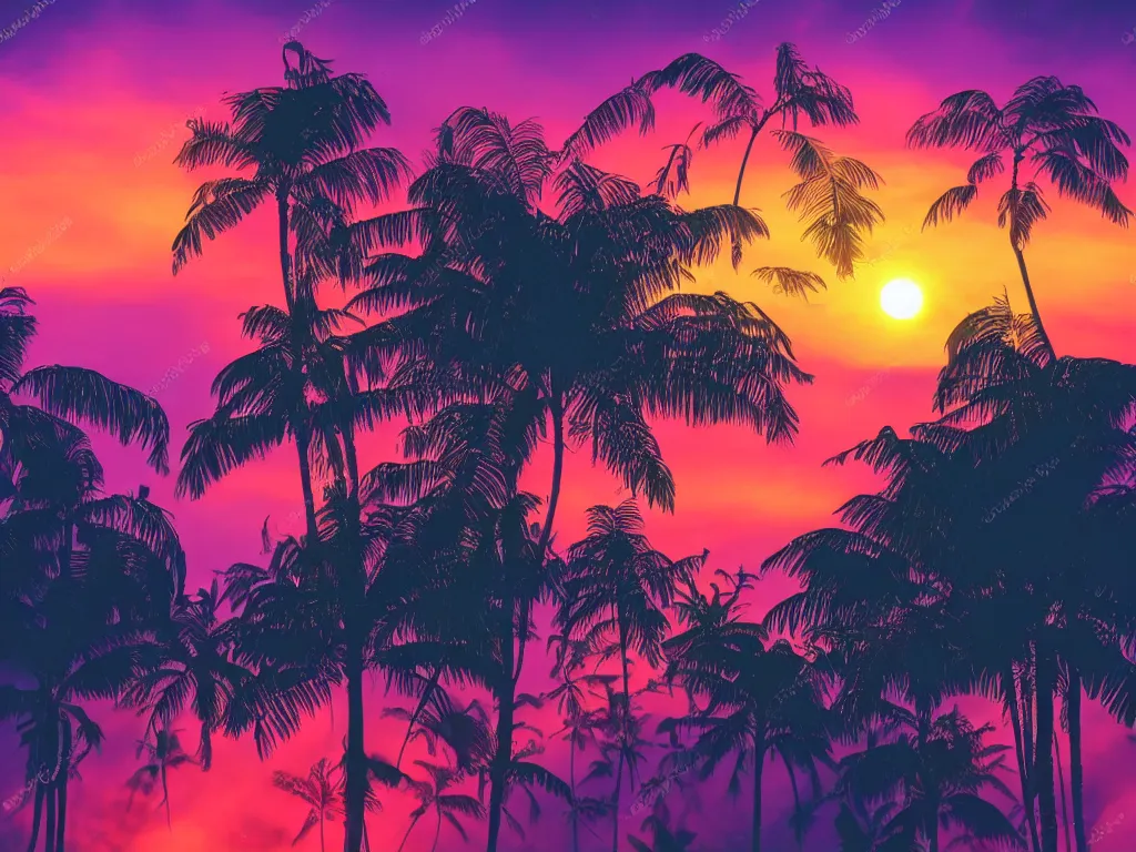 Prompt: Sunset in a dreamy and atmospheric jungle, retrowave