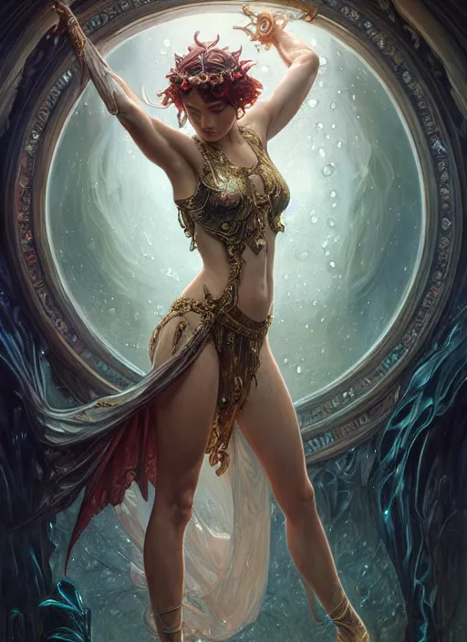 Image similar to dancer of the underworld, d & d, wet, shiny, fantasy, intricate, elegant, higly detailed, ultra definition, digital painting, artstation, unreal engine rendered, concept art, smooth, sharp focus, illustration, art by artgerm and greg rutkowski and alphonse mucha and garis edelweiss