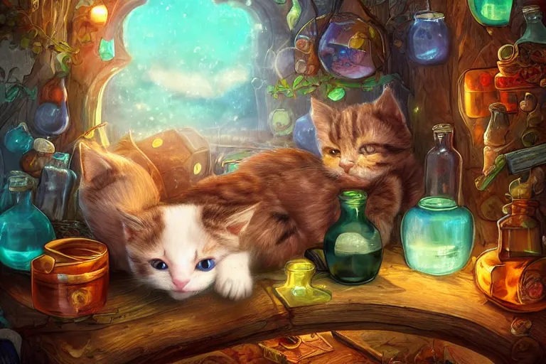 Image similar to adorable kitten curled up asleep amidst potion bottles, 8k resolution matte fantasy painting, warm lighting, bokeh, DeviantArt Artstation, by Lisa Ravenscroft and Ross Tran and Lisa Frank and Tony DiTerlizzi