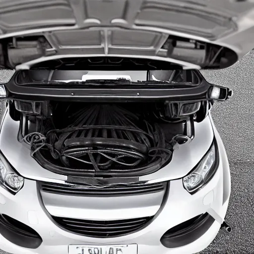 Prompt: a photo under a car's hood with a clear view of the the battery with jumper cables connected to the battery poles