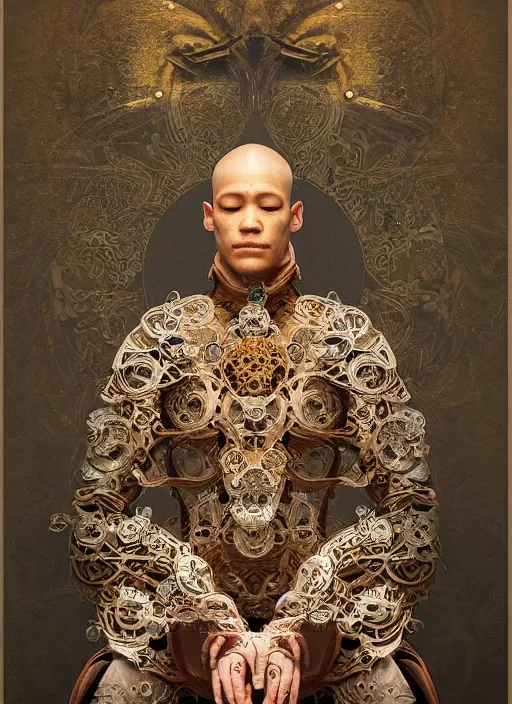 Image similar to portrait of a meditating machine monk cyborg wrapped in sacred scrolls, imari, fractal, in the style of the matrix, intricate ornaments, elegant, highly detailed, digital photography, subsurface scattering, by jheronimus bosch and greg rutkowski,