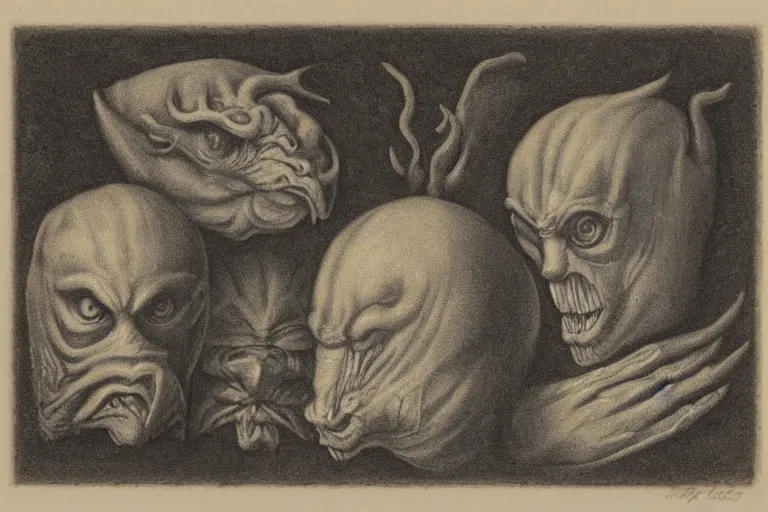 Image similar to portrait mezzotint of a group of mythical monsters and beasts in a squishy style