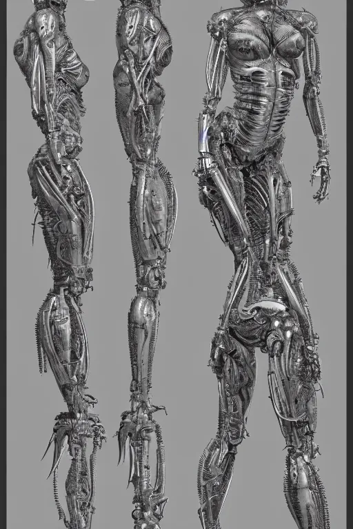 Image similar to cyborg mermaid with gunmetal grey skin, medical anatomy, very symmetrical face, highly detailed, mecha, three - perspective / three - view reference sheet ( front / back / side ), in the style of james gurney, dan ouellette, hr giger, sil from species, dren from splice, biomechanical, artstation, unreal engine