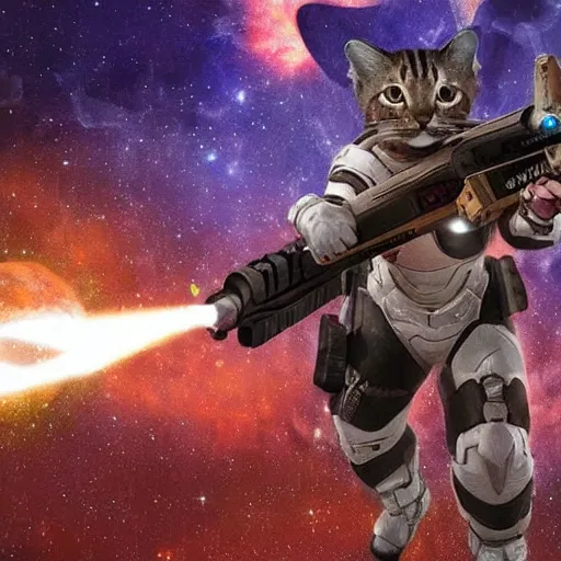 Image similar to a feline space warrior in combat armor fighting with an energy rifle,