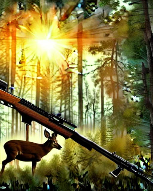 Image similar to a large potato shooting a deer with a rifle in the woods with sun high above and cloudy, ultra realistic, concept art, intricate details, highly detailed