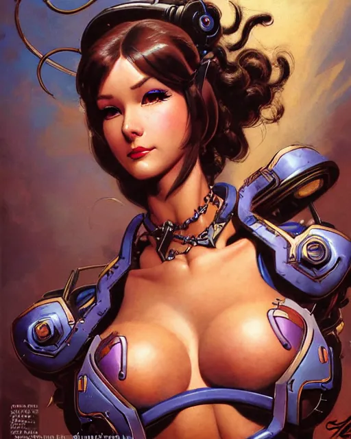 Image similar to d. va from overwatch, heavey metal magazine cover, character portrait, portrait, close up, concept art, intricate details, highly detailed, in the style of frank frazetta, esteban maroto, richard corben, pepe moreno, matt howarth, stefano tamburini, tanino liberatore, luis royo and alex ebel