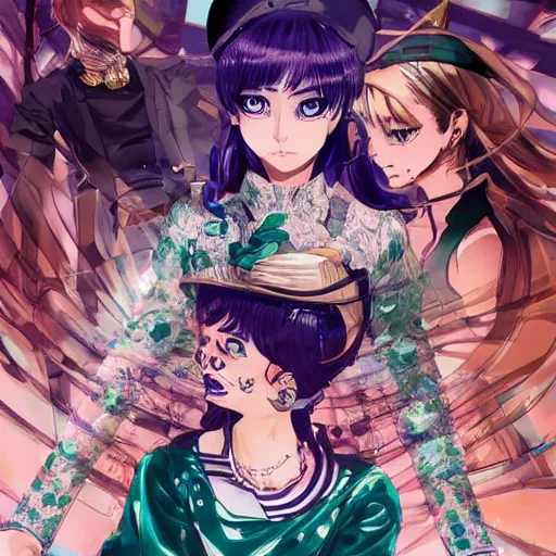 Image similar to Magazine Cover Anime key visual of a Gucci girl; official media; typography; drawn by Hirohiko Araki; Jojo's Bizarre Adventure; Jojolion, portrait, made by Stanley Artgerm Lau, WLOP, Rossdraws, James Jean, Andrei Riabovitchev, Marc Simonetti, Yoshitaka Amano, ArtStation