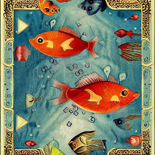 Prompt: two fishes playing cards at the bottom of the sea, lowbrow surrealistic, in the style of mark ryden,