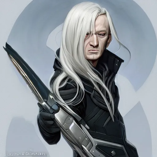 Prompt: Lucius Malfoy the genetically augmented super soldier with a long gleaming gunblade from league of legends, highly detailed, digital painting, artstation, concept art, smooth, sharp focus, illustration, ArtStation, art by artgerm and greg rutkowski and alphonse mucha and Edmund Blair Leighton and Charlie Bowater