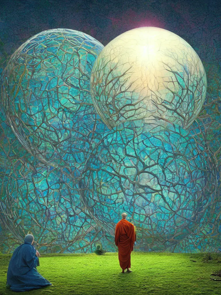 Image similar to neurograph, very very beautiful landscape, an echo a rainbow and a dream, monks praying in a temple forest through a spherical lens, surrealism, intricate, elegant, highly detailed, digital painting, trending on artstation, concept art, sharp focus, by rene magritte, moebius