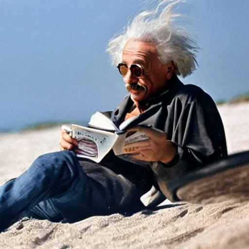 Image similar to einstein wearing black aviators and reading relativity is a dumb approach on beach