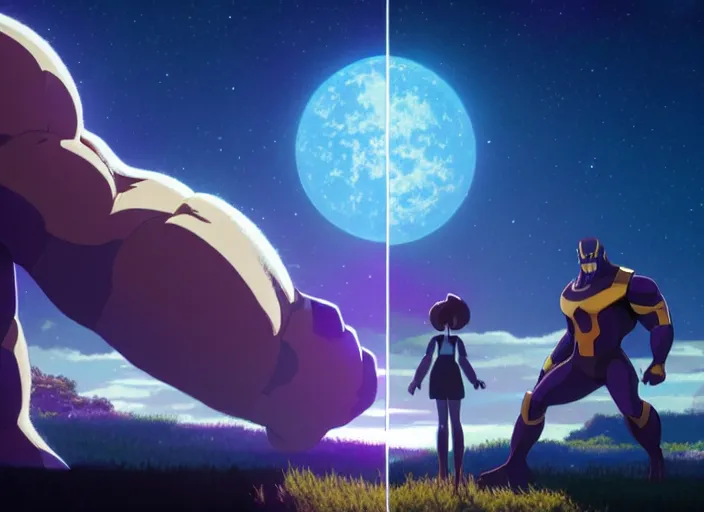 Prompt: a wholesome animation key shot of thanos, studio ghibli, pixar and disney animation, sharp, rendered in unreal engine 5, clear sky, anime key art by greg rutkowski, bloom, dramatic lighting