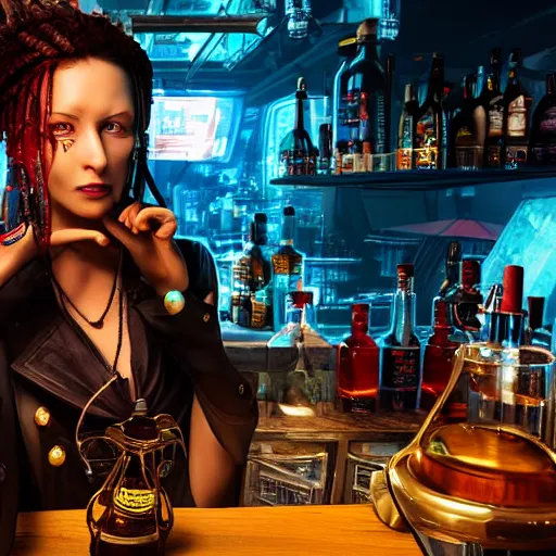 Image similar to high quality portrait of a pirate bartender in a cyberpunk cyberpunk cyberpunk cafe, realism, 8k, award winning photo