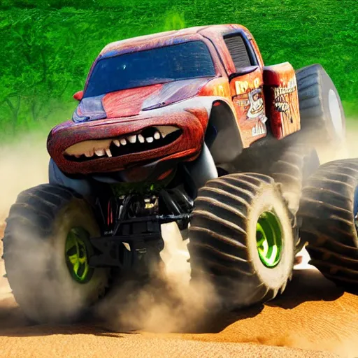 Prompt: shrek has transformed into a monster truck, shrek monster truck, high resolution photo, the shrek monster truck derby