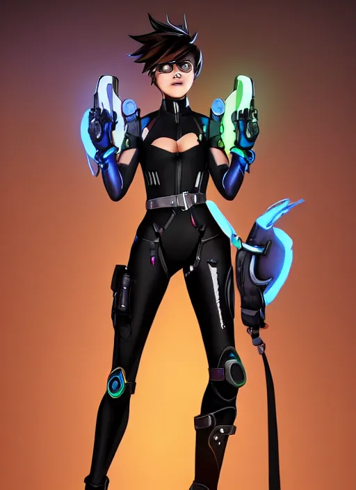 Image similar to full body digital artwork of tracer overwatch, wearing black iridescent rainbow latex, 4 k, expressive happy smug expression, makeup, in style of mark arian, wearing detailed black leather collar, wearing sleek armor, black leather harness, expressive detailed face and eyes,