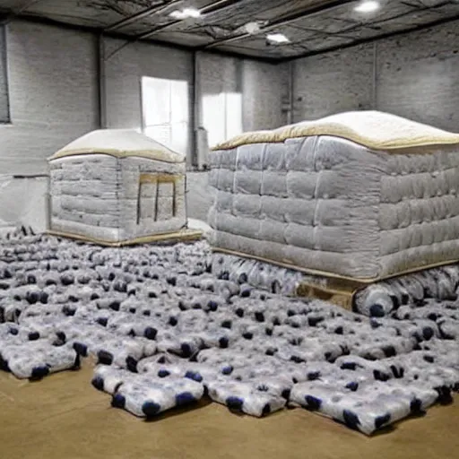Image similar to a warehouse filled with forts made from mattresses
