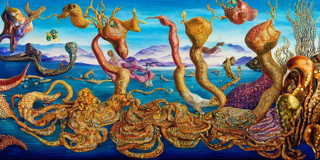 Prompt: sea creatures | shimmery, glittery, metallic, complex, intricate, textured | wide open vista view | gouche on paper by salvador dali by raqib shaw | 8 k