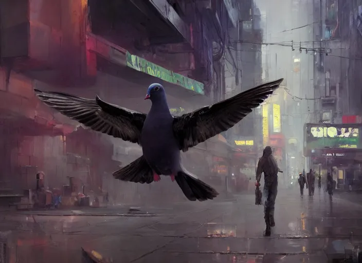 Prompt: A pigeon, oil painting, cyberpunk, 4k, soft lighting, in the style of Jeremy Mann and Marc Simonetti, magical realism